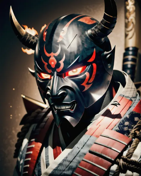 (oni mask:1.3), 
best quality,masterpiece,highly detailed,ultra-detailed, 1man samurai black and red battle japanese armor, glow...