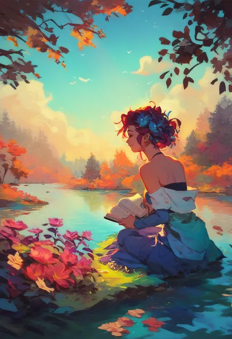 score_9,score_8_up,score_7_up,source_アニメ,girl reading by the lake, vibrant colors, spring, willow branches, comfort, warm sunlig...