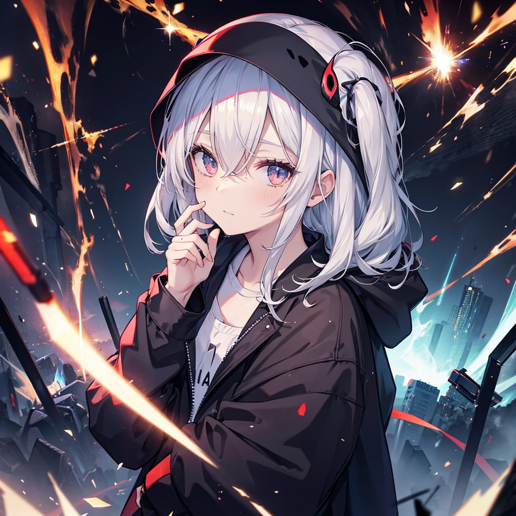 (((Grim Reaper&#39;s Scythe)))　(((Gray Hair　Short Hair　blue eyes　girl　Close-up)))，((night　full moon　My own big wings))，(Wearing a hood　Black camisole　Purple light)，　A tense look　Shining Background　Shining Edge