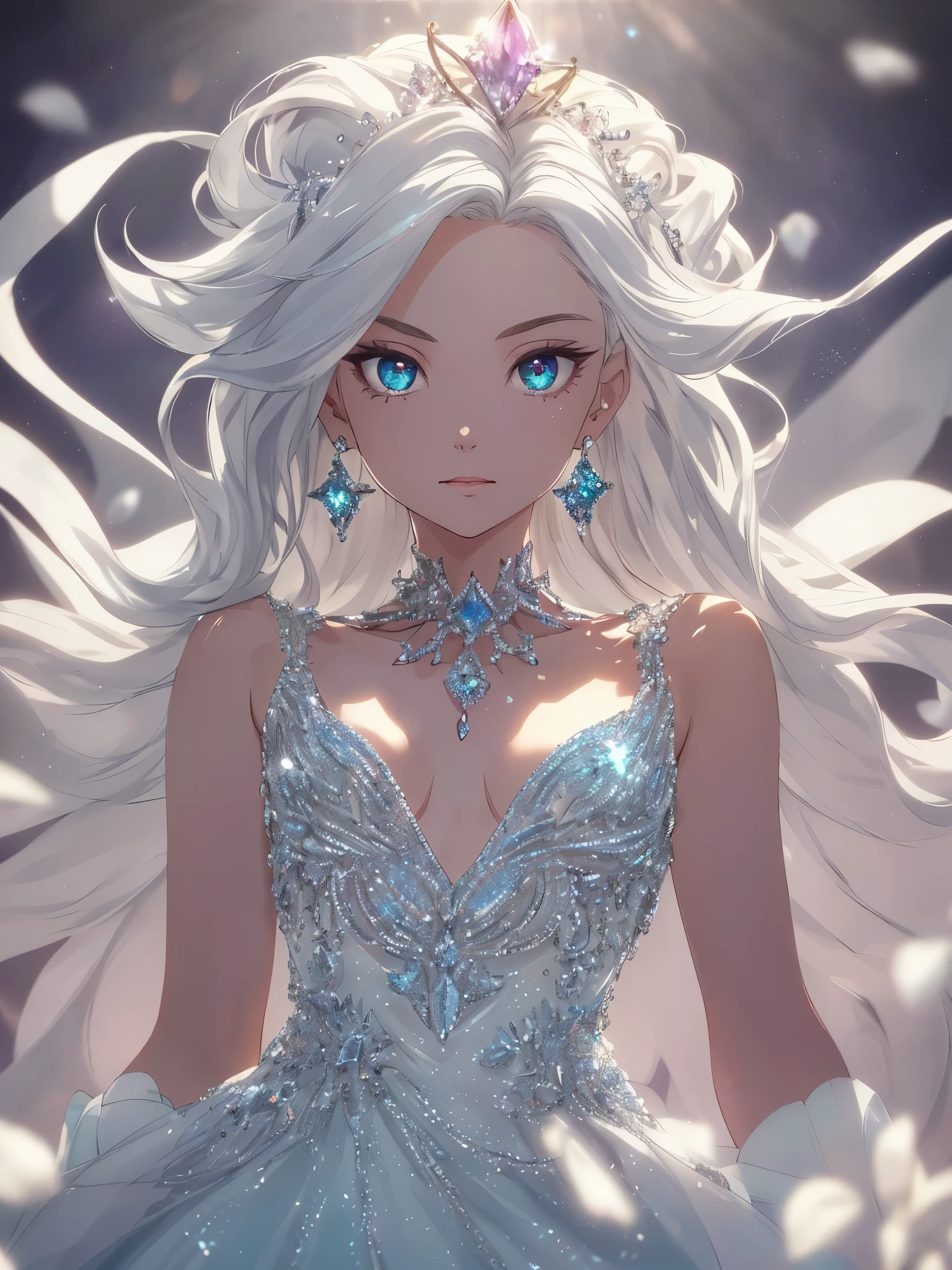 masterpiece, highest quality, figure, alexandrite eyes and hair, platinum earrings, Platinum Necklace, white dress, The Little Mermaid, cute, (dynamic lighting:1.2), cinematic lighting, delicate features, fine eyes, sharp pupils, realistic student, Depth of bounds written, Bokeh, sharp focus, (very detailed, bloom, shine:1.4), Many Small Gems