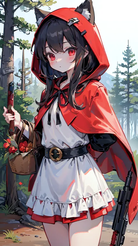 grace，Cool girl，Handsome girl，little Red Riding Hood，Red Cape，Red hood斗篷，Forest Background，Forest Background，Hooded girl with a ...