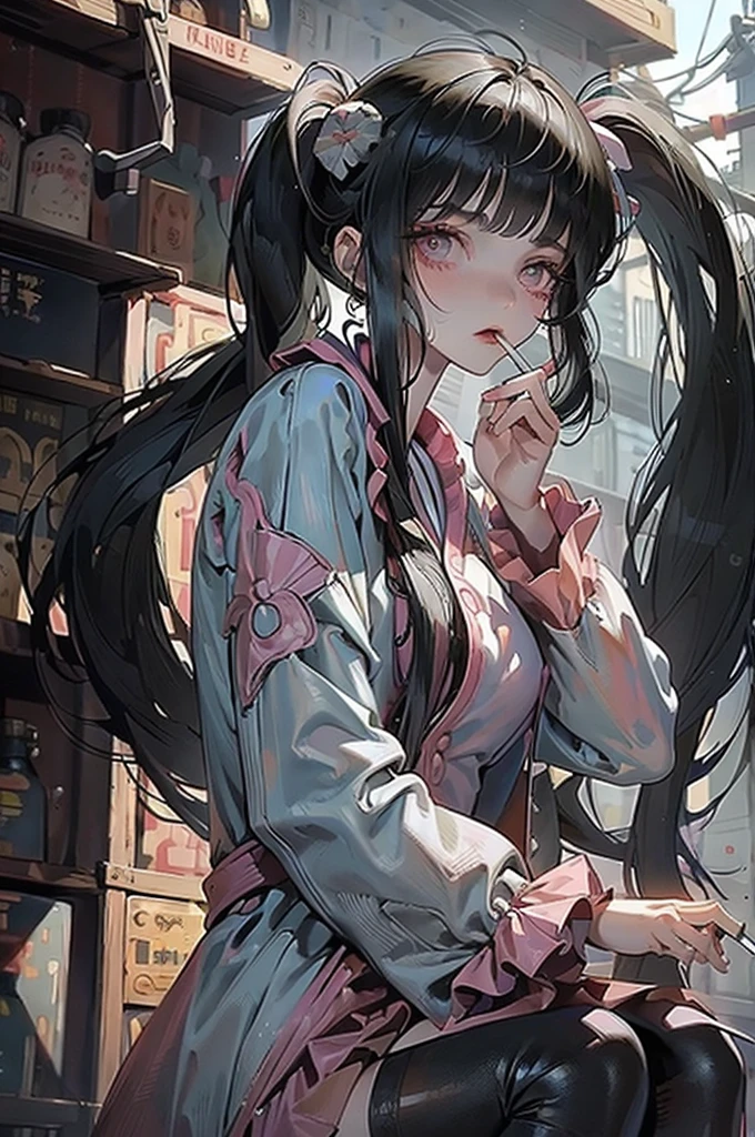 masterpiece, 最high quality, high quality, Super detailed, Cowboy Shot, One girl, Blunt bangs, Hime cut, (((Long twin tails))), Black Hair, Iris, Pink Sailor Suit, Lots of earrings, Expressionless, Smoking girl, holding a smartphone、In a completely different expression


