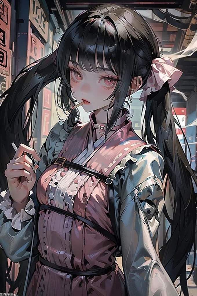 masterpiece, 最high quality, high quality, Super detailed, Cowboy Shot, One girl, Blunt bangs, Hime cut, (((Long twin tails))), Black Hair, Iris, Pink Sailor Suit, Lots of earrings, Expressionless, Smoking girl, holding a smartphone、In a completely different expression


