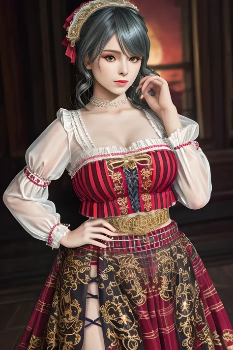 1girl,wearing a traditional-style outfit. her white blouse has ruffle details and embroidery, with red and white striped pattern...