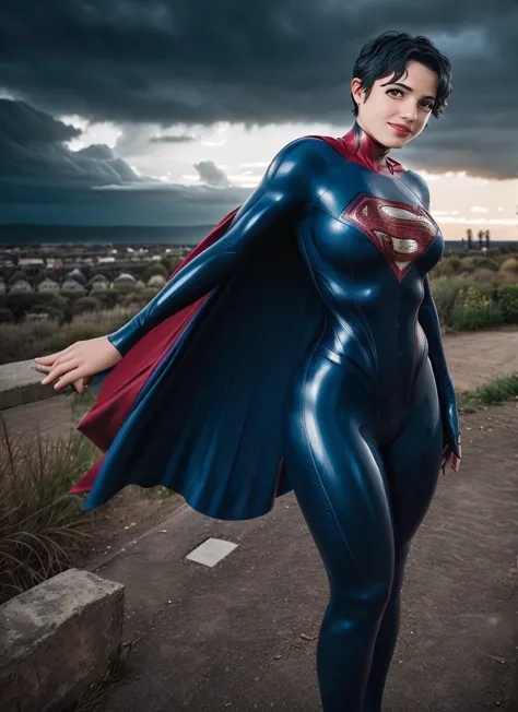 latex
catsuit
corset photo of supergirl, short hair, bodysuit, cape, smile, outdoors stormy night, background sky, analog style ...