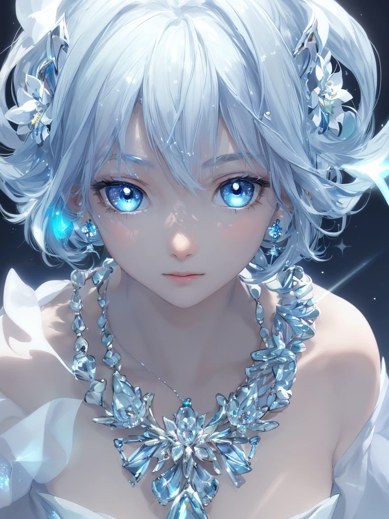 masterpiece, best quality, illustration, sax blue, platinum earrings, platinum necklace, white dress, 1girl, cute, (dynamic lighting:1.2), cinematic lighting, delicate facial features, detailed eyes, sharp pupils, realistic pupils, depth of field, bokeh, sharp focus, (hyper-detailed, bloom, glow:1.4), many small gems,