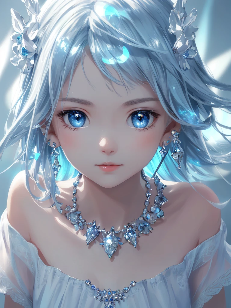 masterpiece, best quality, illustration, sax blue, platinum earrings, platinum necklace, white dress, 1girl, cute, (dynamic lighting:1.2), cinematic lighting, delicate facial features, detailed eyes, sharp pupils, realistic pupils, depth of field, bokeh, sharp focus, (hyper-detailed, bloom, glow:1.4), many small gems,