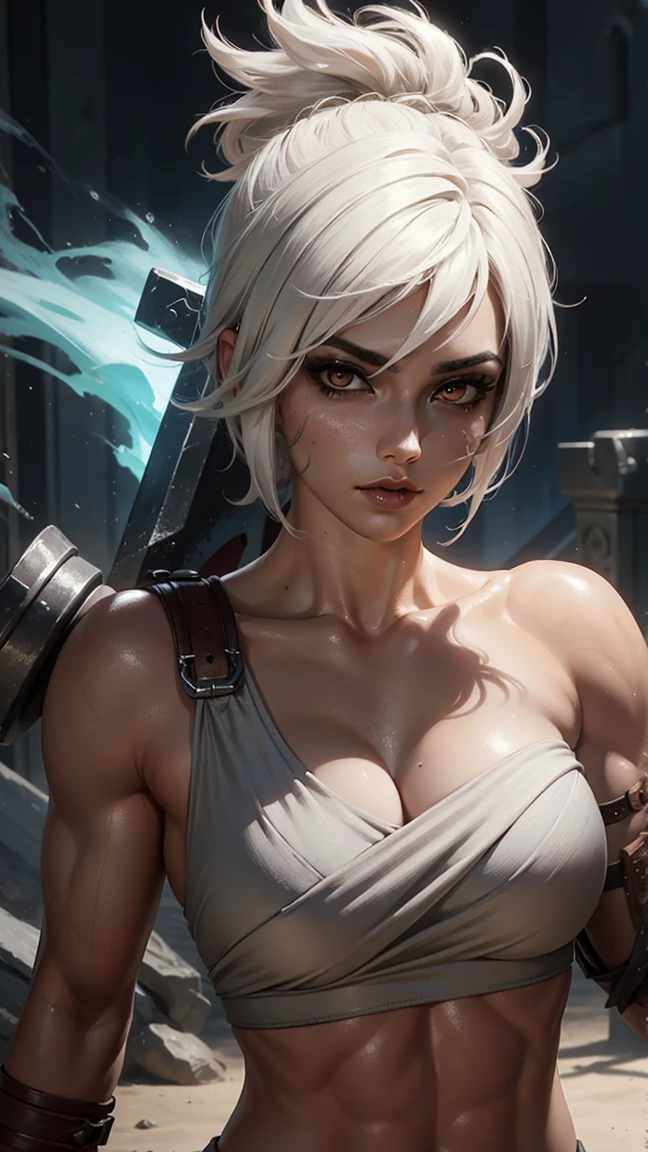 (Masterpiece:1.2), best quality, riven \(league of legends\), 1girl, sarashi, muscular female, abs, white hair, black eyeshadow, bare shoulders, upper body, potrait, 4k, 8k