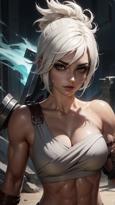 (Masterpiece:1.2), best quality, riven \(league of legends\), 1girl, sarashi, muscular female, abs, white hair, black eyeshadow,...