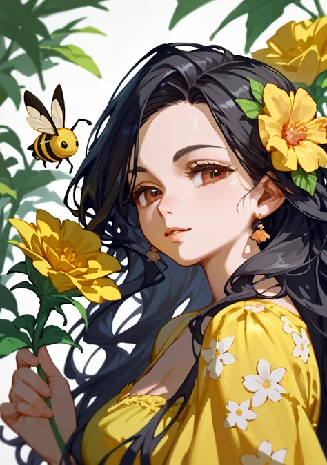 half body, a beautiful woman, long wavy black hair, brown eyes, yellow dress with black details, and bee and flower prints