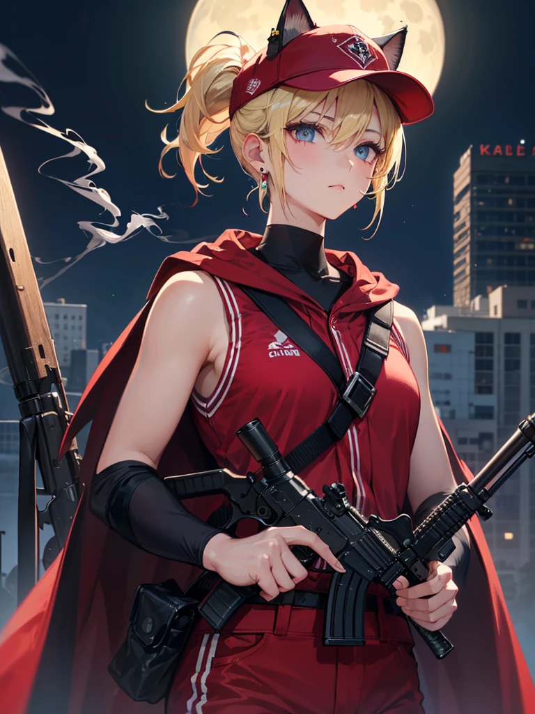 ((Kalaschnikow_Gewehr,Angriff_Gewehr ,Halten_gun))  (((Blondes Haar　kurzer Pferdeschwanz　Trage eine Kappe)))　((cyber punk　Ohrringe　Eine Zigarette alleine rauchen)),((leuchtender Mond　Leuchtender Hintergrund)) ,((Katzenohren)), ((ärmellos)),((Weinrote Baseballkappe)),((Trägt eine weinrote Baseballuniform))、((roter Umhang))、blassblaue Augen ,Oberkörper,(beste Qualität, 8k, Ölgemälde, Meisterstück:1.2), Super detailliert, (Realismus, Es&#39;s fotorealistisch:1.37), 