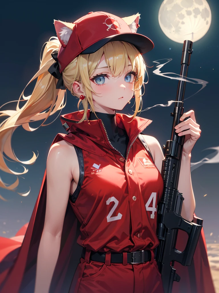 ((kalashnikov_rifle,assault_rifle ,holding_gun))  (((Blonde hair　short ponytail　Wear a cap)))　((cyber punk　Earrings　Smoke a cigarette  solo)),((Shining Moon　Shining Background)) ,((Cat ears)), ((Sleeveless)),((Wine Red Baseball Cap)),((Wearing a wine red baseball uniform))、((Red Cape))、Pale blue eyes ,upper body,(Best Quality, 8k, Oil painting, Mastepiece:1.2), Super detailed, (Realism, It&#39;s photorealistic:1.37), 