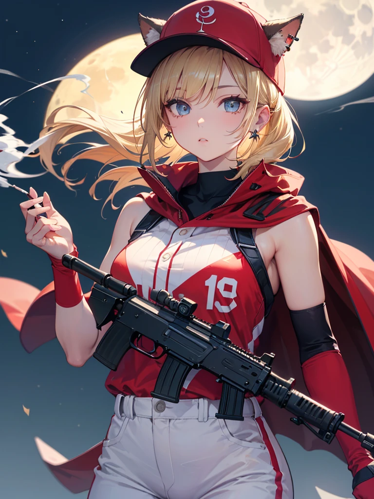 ((kalachnikov_fusil,agression_fusil ,holding_pistolet))  (((cheveux blond　queue de cheval courte　Portez une casquette)))　((cyberpunk　des boucles d&#39;oreilles　Fumer une cigarette en solo)),((Lune brillante　fond brillant)) ,((oreilles de chat)), ((Sans manches)),((Casquette de baseball rouge vin)),((Porter un uniforme de baseball rouge vin))、((Cape rouge))、yeux bleu pâle ,Haut du corps,(Meilleure qualité, 8k, peinture à l&#39;huile, Chef-d&#39;œuvre:1.2), Super détaillé, (le réalisme, Il&#39;c&#39;est photoréaliste:1.37), 