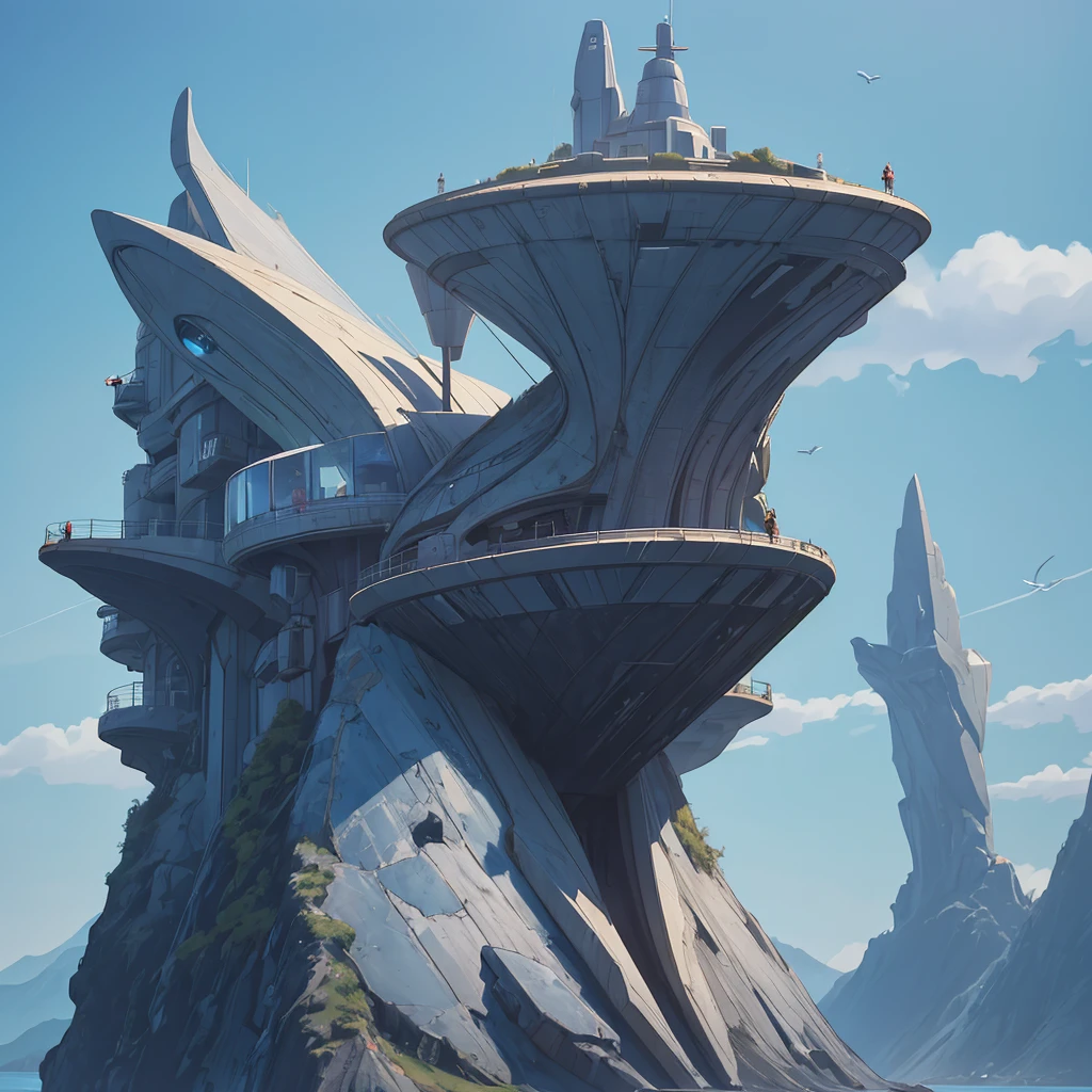 A spaceship lands on a platform at the top of a very tall futuristic building. Pilots around the ship and in the distance a gigantic futuristic city, in the middle of mountains and plains. Lots of vegetation and water. Birds flying and a blue sky with lots of clouds. Humid atmosphere and lots of sunlight. maximum quality, beautiful, master piece, Rendering, mil, high resolution realistic texture, filmic grain, cinematic