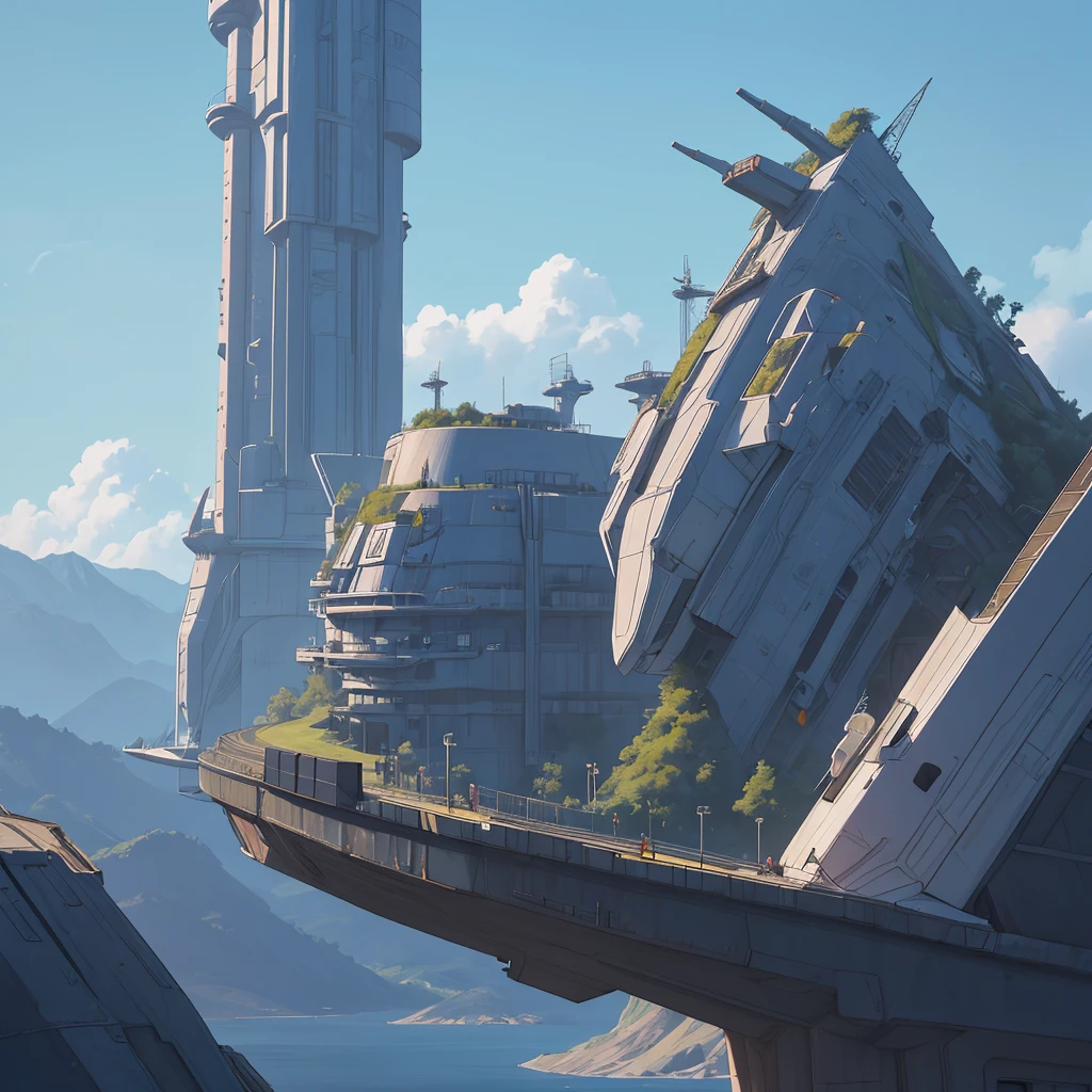 A spaceship lands on a platform at the top of a very tall futuristic building. Pilots around the ship and in the distance a gigantic futuristic city, in the middle of mountains and plains. Lots of vegetation and water. Birds flying and a blue sky with lots of clouds. Humid atmosphere and lots of sunlight. maximum quality, beautiful, master piece, Rendering, mil, high resolution realistic texture, filmic grain, cinematic