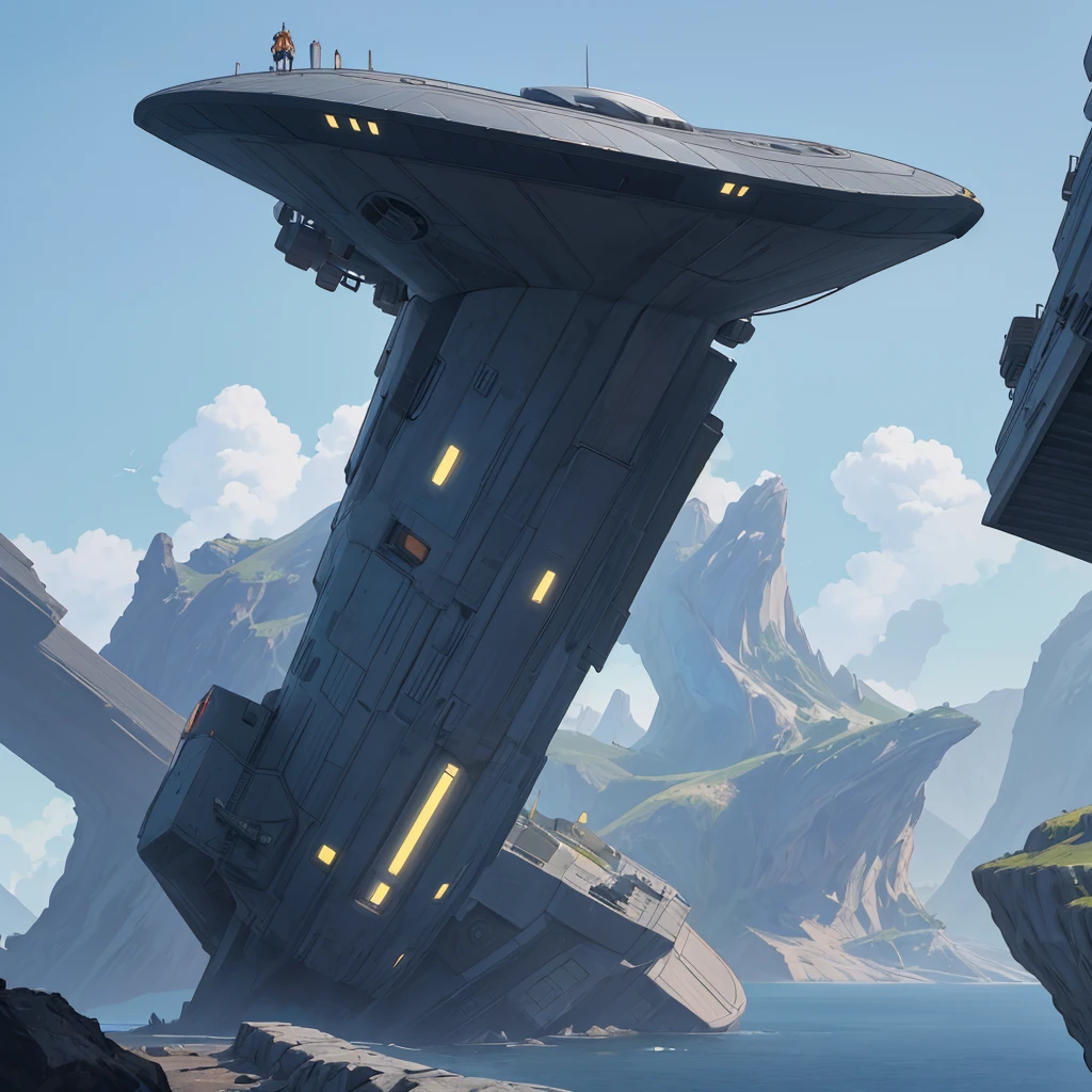 A spaceship lands on a platform at the top of a very tall futuristic building. Pilots around the ship and in the distance a gigantic futuristic city, in the middle of mountains and plains. Lots of vegetation and water. Birds flying and a blue sky with lots of clouds. Humid atmosphere and lots of sunlight. maximum quality, beautiful, master piece, Rendering, mil, high resolution realistic texture, filmic grain, cinematic