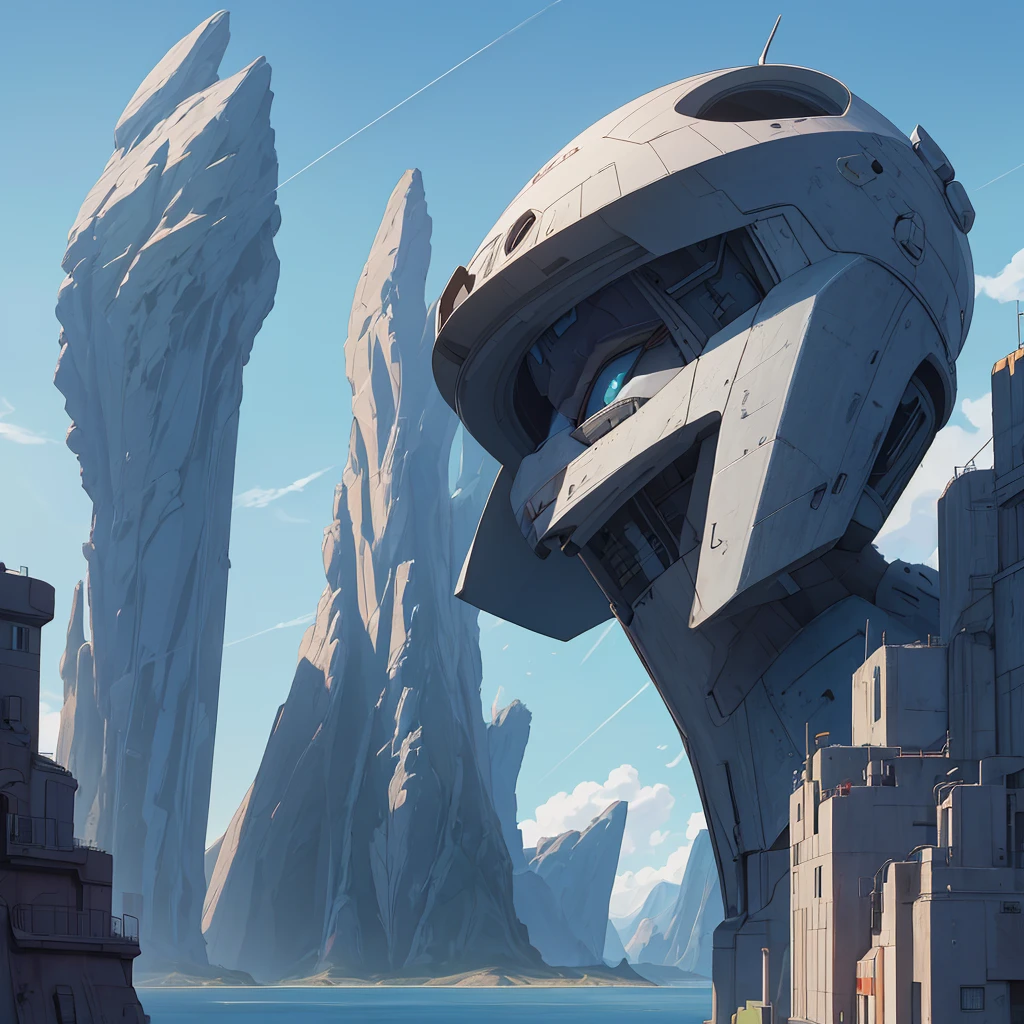 A spaceship lands on a platform at the top of a very tall futuristic building. Pilots around the ship and in the distance a gigantic futuristic city, in the middle of mountains and plains. Lots of vegetation and water. Birds flying and a blue sky with lots of clouds. Humid atmosphere and lots of sunlight. maximum quality, beautiful, master piece, Rendering, mil, high resolution realistic texture, filmic grain, cinematic