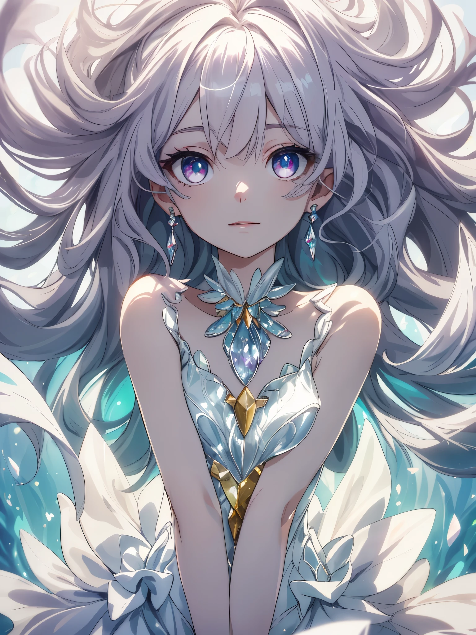 masterpiece, highest quality, figure, alexandrite eyes and hair, platinum earrings, Platinum Necklace, white dress, The Little Mermaid, cute, (dynamic lighting:1.2), cinematic lighting, delicate features, fine eyes, sharp pupils, realistic student, Depth of bounds written, Bokeh, sharp focus, (very detailed, bloom, shine:1.4), Many Small Gems