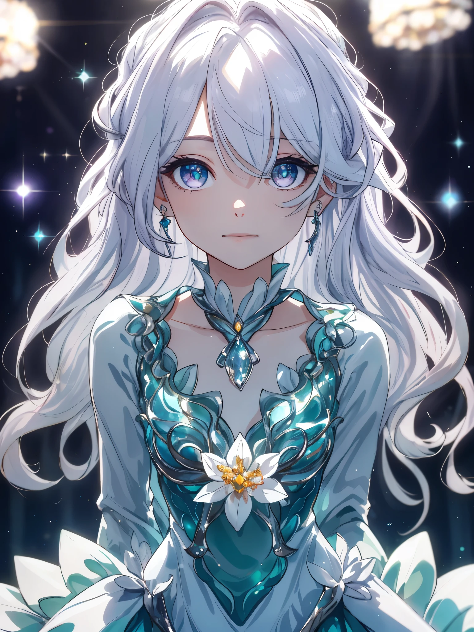 masterpiece, highest quality, figure, alexandrite eyes and hair, platinum earrings, Platinum Necklace, white dress, The Little Mermaid, cute, (dynamic lighting:1.2), cinematic lighting, delicate features, fine eyes, sharp pupils, realistic student, Depth of bounds written, Bokeh, sharp focus, (very detailed, bloom, shine:1.4), Many Small Gems