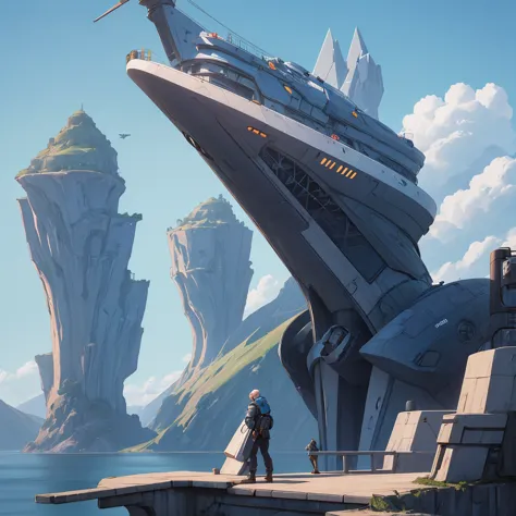 A spaceship lands on a platform at the top of a very tall futuristic building. Pilots around the ship and in the distance a giga...