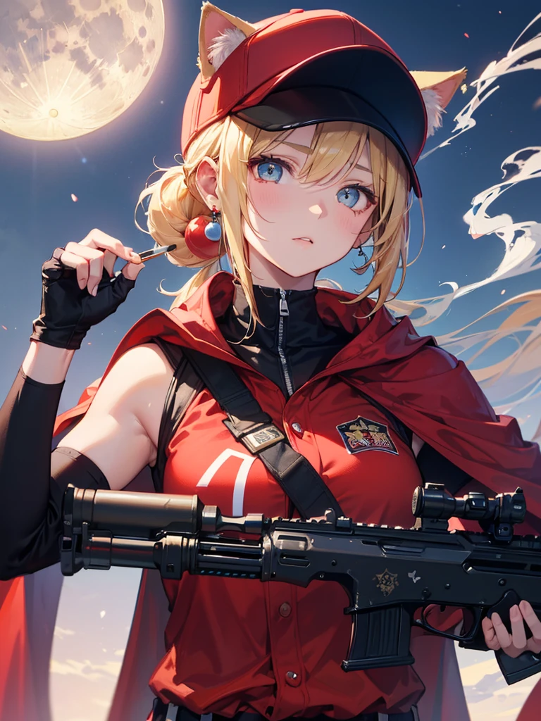 ((Kalaschnikow_Gewehr,Angriff_Gewehr ,Halten_gun))  (((Blondes Haar　kurzer Pferdeschwanz　Trage eine Kappe)))　((cyber punk　Ohrringe　Eine Zigarette alleine rauchen)),((leuchtender Mond　Leuchtender Hintergrund)) ,((Katzenohren)), ((ärmellos)),((Weinrote Baseballkappe)),((Trägt eine weinrote Baseballuniform))、((roter Umhang))、blassblaue Augen ,Oberkörper,(beste Qualität, 8k, Ölgemälde, Meisterstück:1.2), Super detailliert, (Realismus, Es&#39;s fotorealistisch:1.37), 