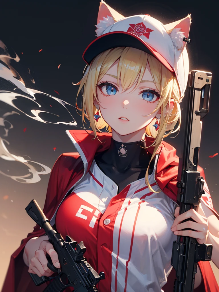 ((kalashnikov_rifle,assault_rifle ,holding_gun))  (((Blonde hair　short ponytail　Wear a cap)))　((cyber punk　Earrings　Smoke a cigarette  solo)),((Shining Moon　Shining Background)) ,((Cat ears)), ((Sleeveless)),((Wine Red Baseball Cap)),((Wearing a wine red baseball uniform))、((Red Cape))、Pale blue eyes ,upper body,(Best Quality, 8k, Oil painting, Mastepiece:1.2), Super detailed, (Realism, It&#39;s photorealistic:1.37), 