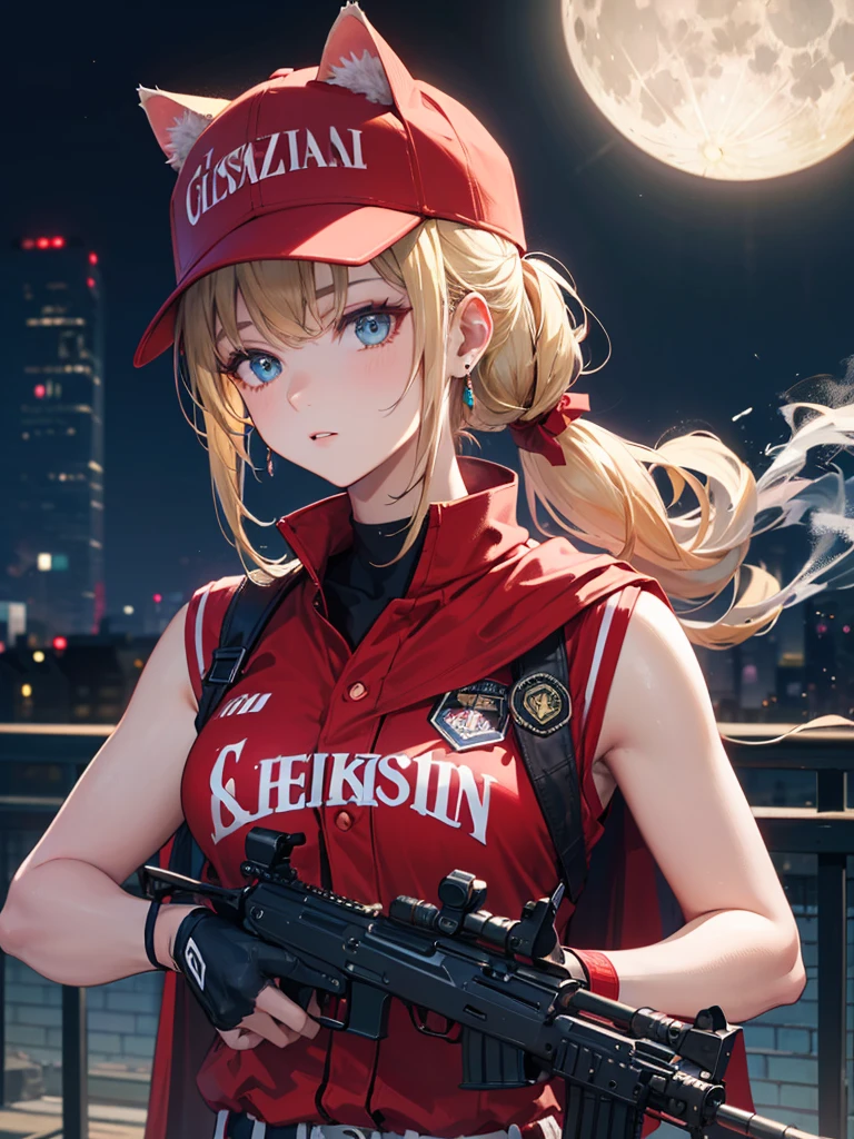 ((kalachnikov_fusil,agression_fusil ,holding_pistolet))  (((cheveux blond　queue de cheval courte　Portez une casquette)))　((cyberpunk　des boucles d&#39;oreilles　Fumer une cigarette en solo)),((Lune brillante　fond brillant)) ,((oreilles de chat)), ((Sans manches)),((Casquette de baseball rouge vin)),((Porter un uniforme de baseball rouge vin))、((Cape rouge))、yeux bleu pâle ,Haut du corps,(Meilleure qualité, 8k, peinture à l&#39;huile, Chef-d&#39;œuvre:1.2), Super détaillé, (le réalisme, Il&#39;c&#39;est photoréaliste:1.37), 