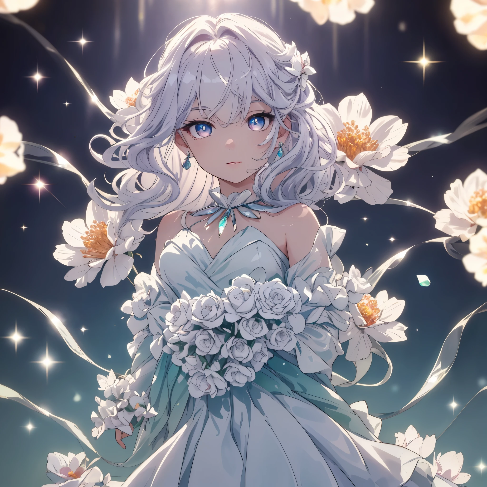 masterpiece, highest quality, figure, alexandrite eyes and hair, platinum earrings, Platinum Necklace, white dress, The Little Mermaid, cute, (dynamic lighting:1.2), cinematic lighting, delicate features, fine eyes, sharp pupils, realistic student, Depth of bounds written, Bokeh, sharp focus, (very detailed, bloom, shine:1.4), Many Small Gems