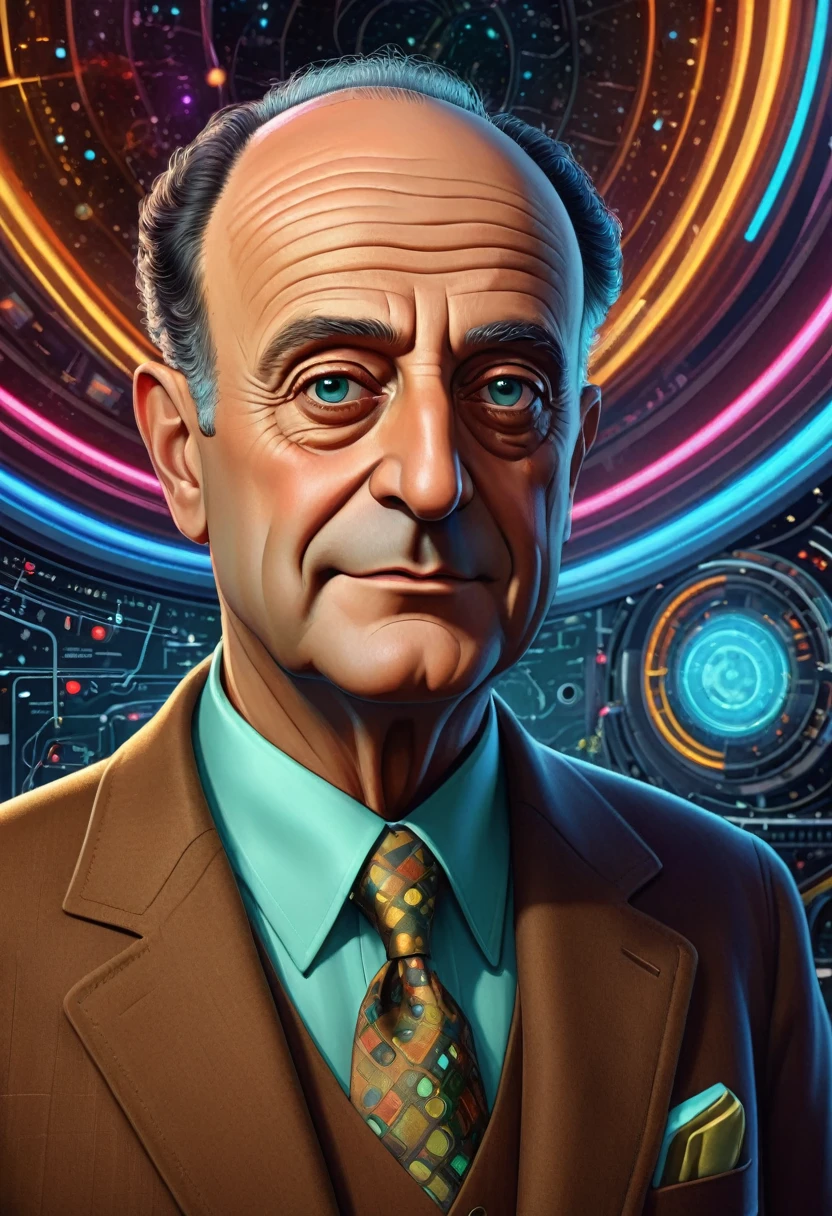 um retrato em estilo cartoon do físico Enrico Fermi, Fermi paradox, extremamente detalhado, 8K, arte digital premiada, fotorrealista, detalhes intrincados, obra de arte, iluminação cinematográfica, cores vibrantes, composição dramática