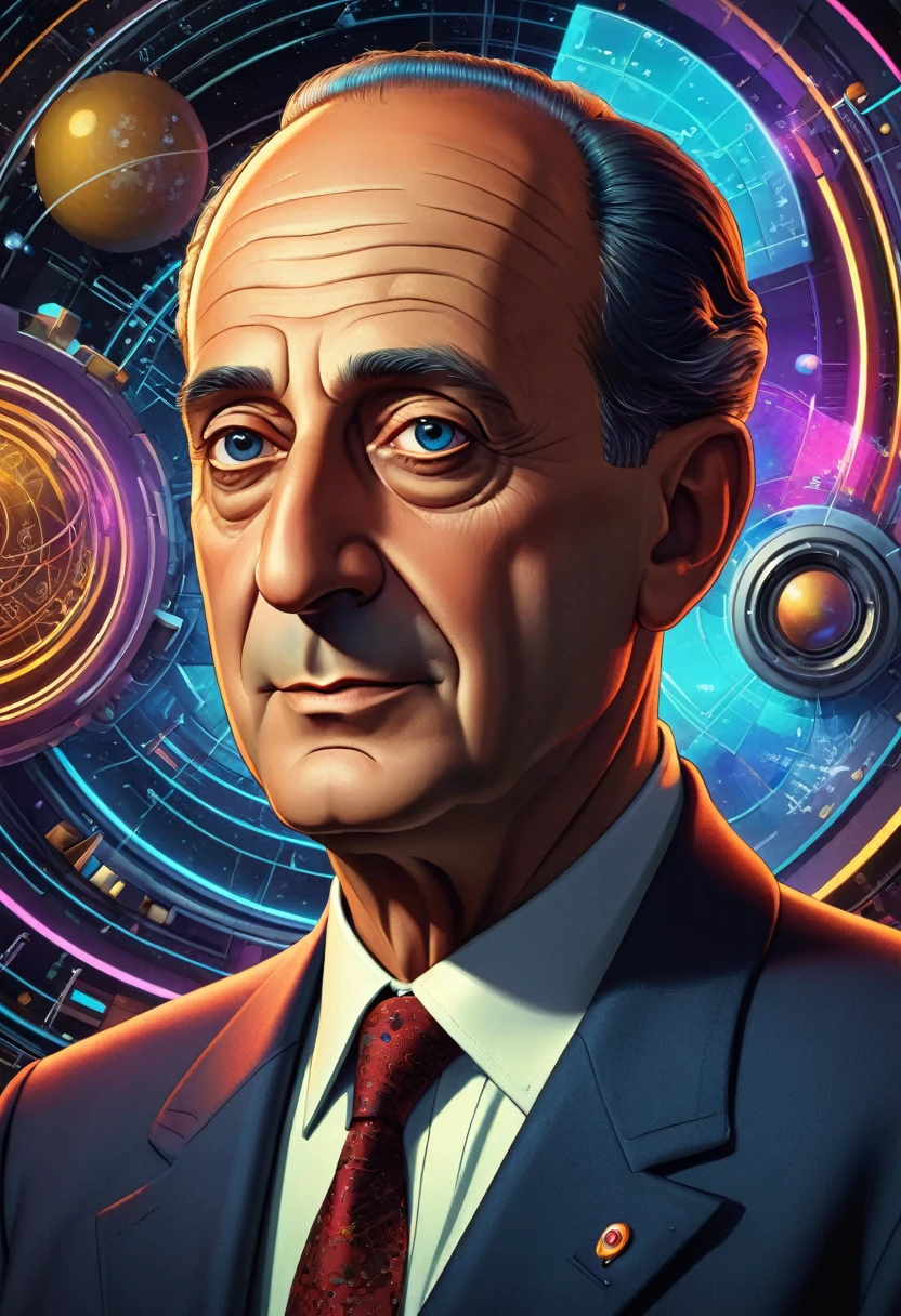 um retrato em estilo cartoon do físico Enrico Fermi, Fermi paradox, extremamente detalhado, 8K, arte digital premiada, fotorrealista, detalhes intrincados, obra de arte, iluminação cinematográfica, cores vibrantes, composição dramática