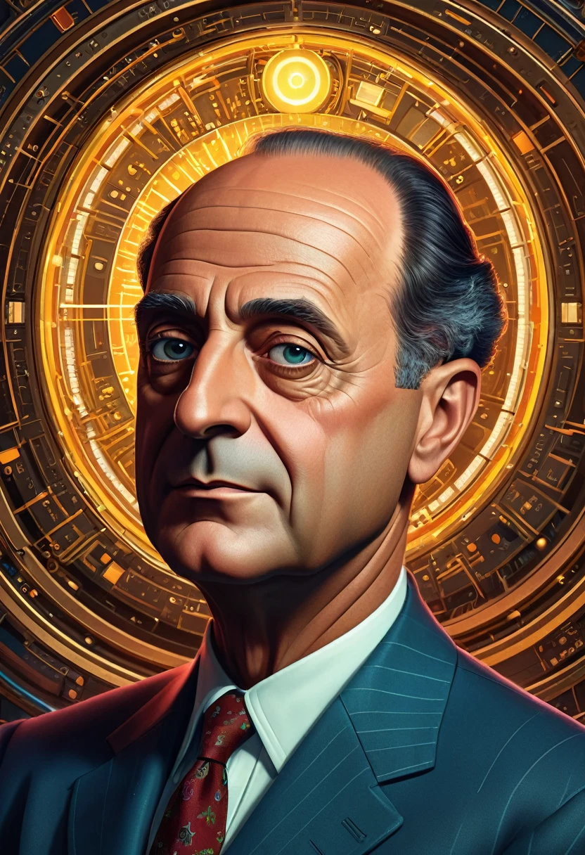 um retrato em estilo cartoon do físico Enrico Fermi, Fermi paradox, extremamente detalhado, 8K, arte digital premiada, fotorrealista, detalhes intrincados, obra de arte, iluminação cinematográfica, cores vibrantes, composição dramática