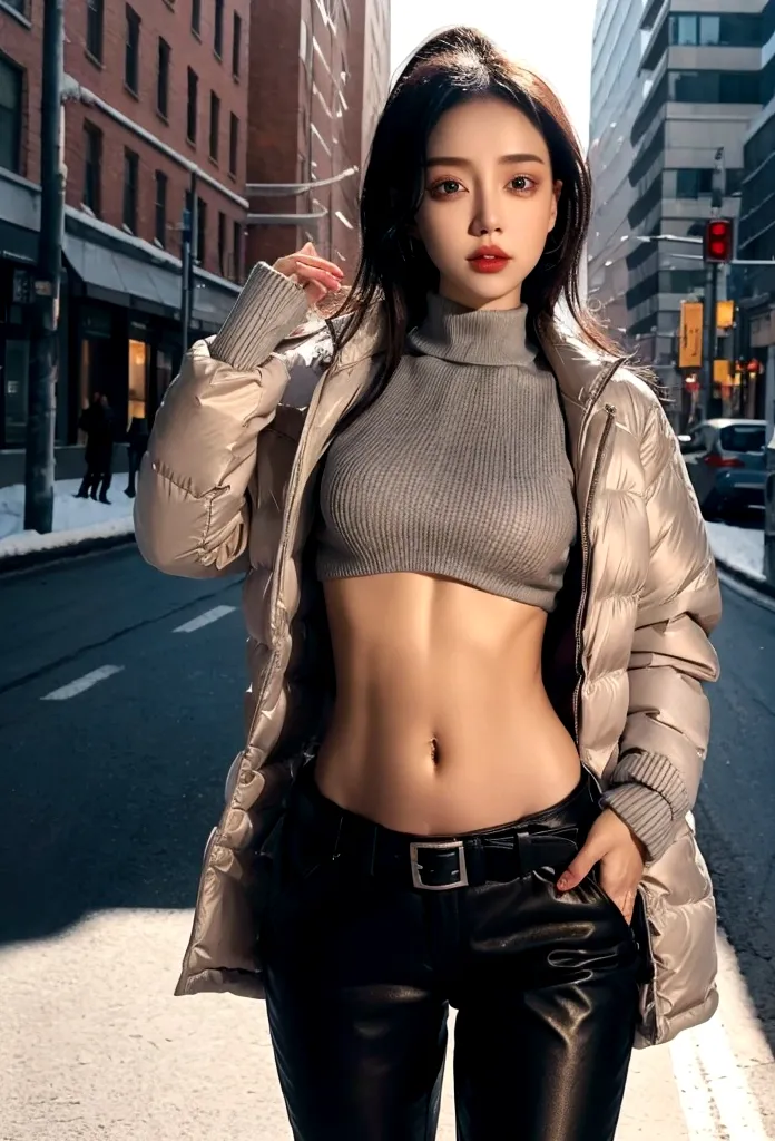 Girl on winter city street, Wear a short down jacket, Cropped Turtleneck Sweater, Long sleeve, Exposes the entire abdomen, (( Ba...