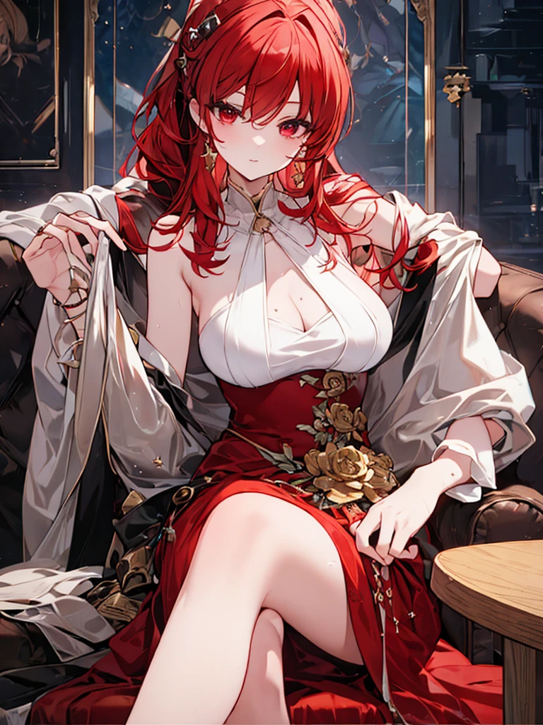 Waist-up portrait, Crossing your legs, Anime style painting, An illustration, liquor, Woman sitting at a bar drinking a cocktail, look back, back, 背景の棚には多彩な色のliquor瓶が並んでいる, Quiet bar, Calm expression, Perfect hands, elder, Red Hair, The dignity of a 50-year-old, ほろ酔いのwoman, solo、(Highly detailed background:1.0)、(Highly detailed background:1.0)、masterpiece、Highest quality、(Babes)、Fractal Art、Red eyes、Narrow eyes、Black and red dress, Reddish lips、From the shoulders up、smile、One Woman、Red long ponytail, Curly Hair, Red eyes,Golden accessories, solo, Big Breasts, woman, Take-out, Provocative laughter,40 year old woman,Queen of Sadism, Highly detailed background, Perfect Human Medicine,