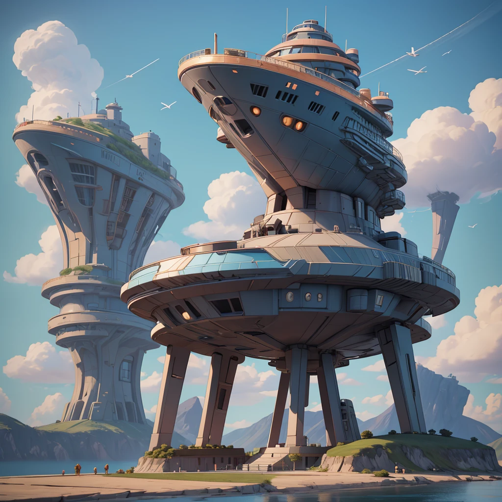 A spaceship lands on a platform at the top of a very tall futuristic building. Pilots around the ship and in the distance a gigantic futuristic city, in the middle of mountains and plains. Lots of vegetation and water. Birds flying and a blue sky with lots of clouds. Humid atmosphere and lots of sunlight. maximum quality, beautiful, master piece, Rendering, mil, high resolution realistic texture, filmic grain, cinematic