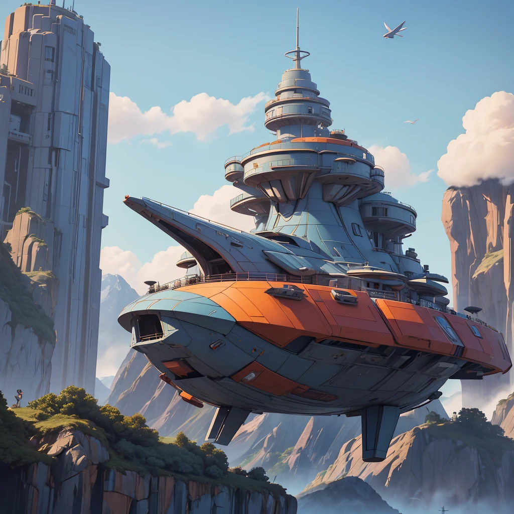 A spaceship lands on a platform at the top of a very tall futuristic building. Pilots around the ship and in the distance a gigantic futuristic city, in the middle of mountains and plains. Lots of vegetation and water. Birds flying and a blue sky with lots of clouds. Humid atmosphere and lots of sunlight. maximum quality, beautiful, master piece, Rendering, mil, high resolution realistic texture, filmic grain, cinematic