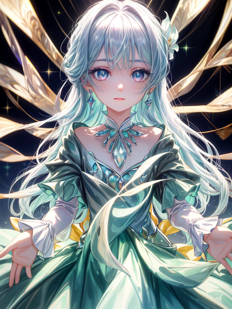 masterpiece, highest quality, figure, alexandrite eyes and hair, platinum earrings, Platinum Necklace, white dress, The Little Mermaid, cute, (dynamic lighting:1.2), cinematic lighting, delicate features, fine eyes, sharp pupils, realistic student, Depth of bounds written, Bokeh, sharp focus, (very detailed, bloom, shine:1.4), Many Small Gems