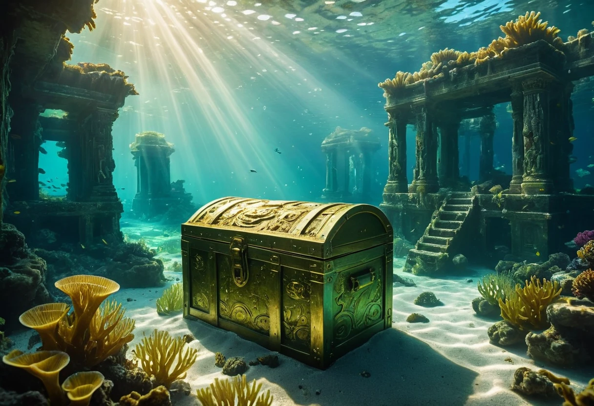 beautiful detailed underwater scene, treasure chest, glowing jade treasure, underwater ruins, ancient sunken city, serene ocean environment, shimmering light rays, vibrant ocean life, dense kelp forest, mysterious deep sea creatures, highly detailed 8k, photorealistic, cinematic lighting, dramatic color palette, masterpiece