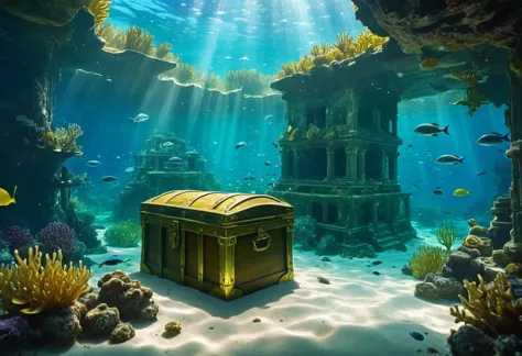 beautiful detailed underwater scene, treasure chest, glowing jade treasure, underwater ruins, ancient sunken city, serene ocean ...