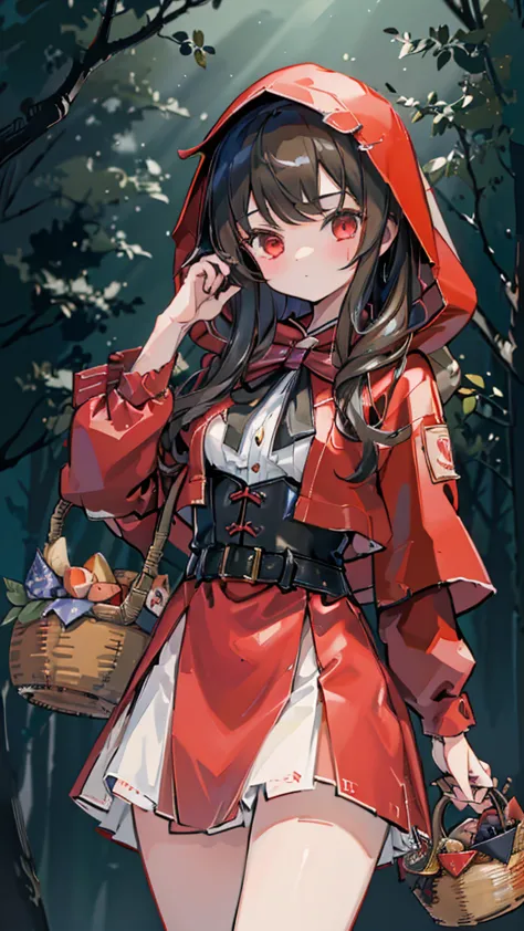 grace，cool girl，handsome girl，little red riding hood，red cape，red hood斗篷，forest background，forest background，hooded girl with a ...