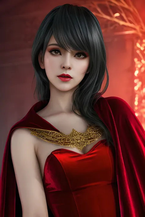 1girl,(red theme: 1.2), wearing a velvet dress, a gorgeous cape,, beautiful detailed eyes, beautiful detailed lips, extremely de...