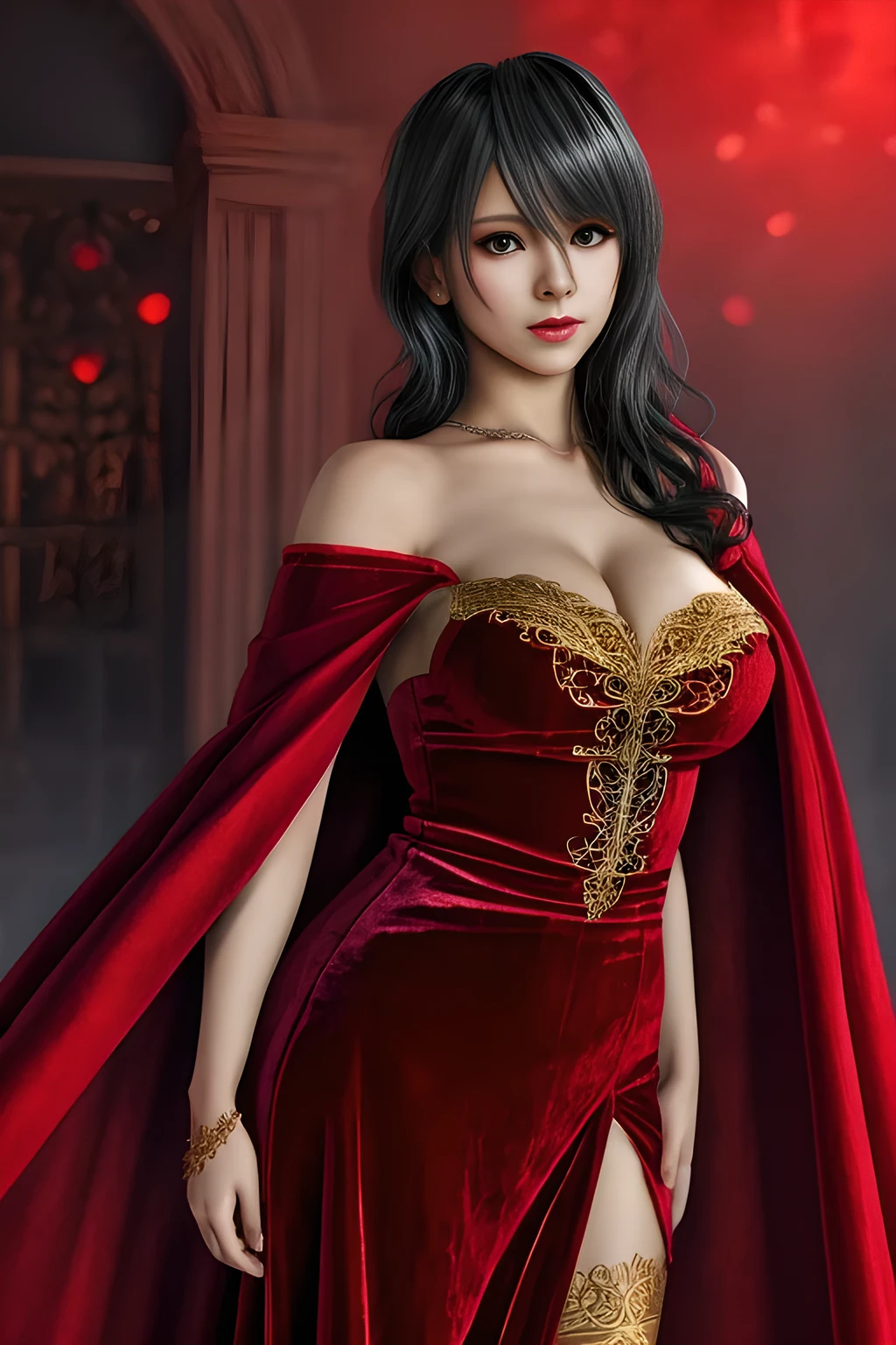 1girl,(Red Theme: 1.2), wearing a velvet dress, a gorgeous cape,, beautiful detailed eyes, beautiful detailed lips, extremely detailed eyes and face, long eyelashes, best quality, 4k, 8k, highres, masterpiece, ultra-detailed, realistic, photorealistic, photo-realistic, ethereal glow, regal elegance, intricate details, luxurious, otherworldly beauty, dark atmospheric background, supernatural aura,tamaki