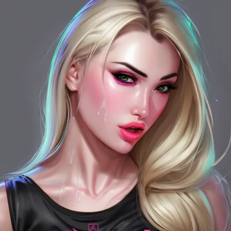 Oral rape of the woman blonde hair green eyes and pink batm and a black top, realistic art style, RossDraws portrait, Artgerm po...