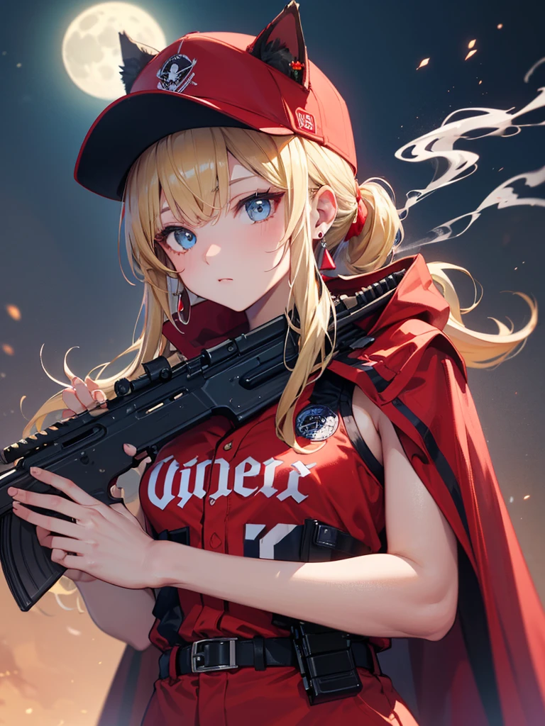 ((kalachnikov_fusil,agression_fusil ,holding_pistolet))  (((cheveux blond　queue de cheval courte　Portez une casquette)))　((cyberpunk　des boucles d&#39;oreilles　Fumer une cigarette en solo)),((Lune brillante　fond brillant)) ,((oreilles de chat)), ((Sans manches)),((Casquette de baseball rouge vin)),((Porter un uniforme de baseball rouge vin))、((Cape rouge))、yeux bleu pâle ,Haut du corps,(Meilleure qualité, 8k, peinture à l&#39;huile, Chef-d&#39;œuvre:1.2), Super détaillé, (le réalisme, Il&#39;c&#39;est photoréaliste:1.37), 