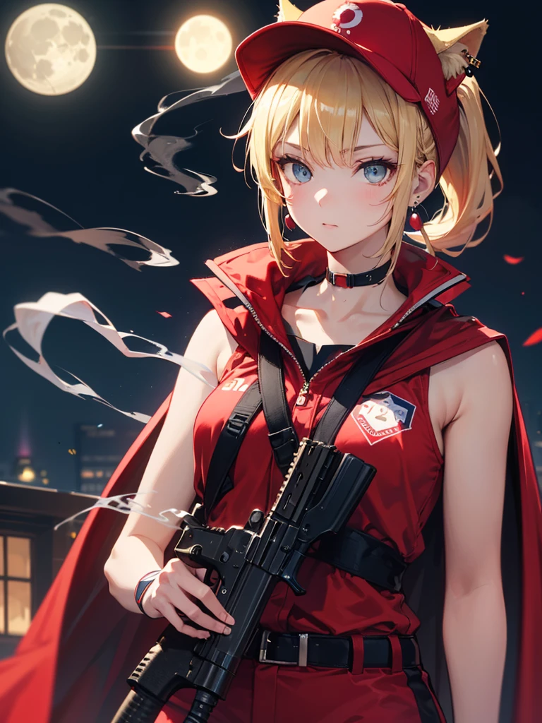 ((kalachnikov_fusil,agression_fusil ,holding_pistolet))  (((cheveux blond　queue de cheval courte　Portez une casquette)))　((cyberpunk　des boucles d&#39;oreilles　Fumer une cigarette en solo)),((Lune brillante　fond brillant)) ,((oreilles de chat)), ((Sans manches)),((Casquette de baseball rouge vin)),((Porter un uniforme de baseball rouge vin))、((Cape rouge))、yeux bleu pâle ,Haut du corps,(Meilleure qualité, 8k, peinture à l&#39;huile, Chef-d&#39;œuvre:1.2), Super détaillé, (le réalisme, Il&#39;c&#39;est photoréaliste:1.37), 