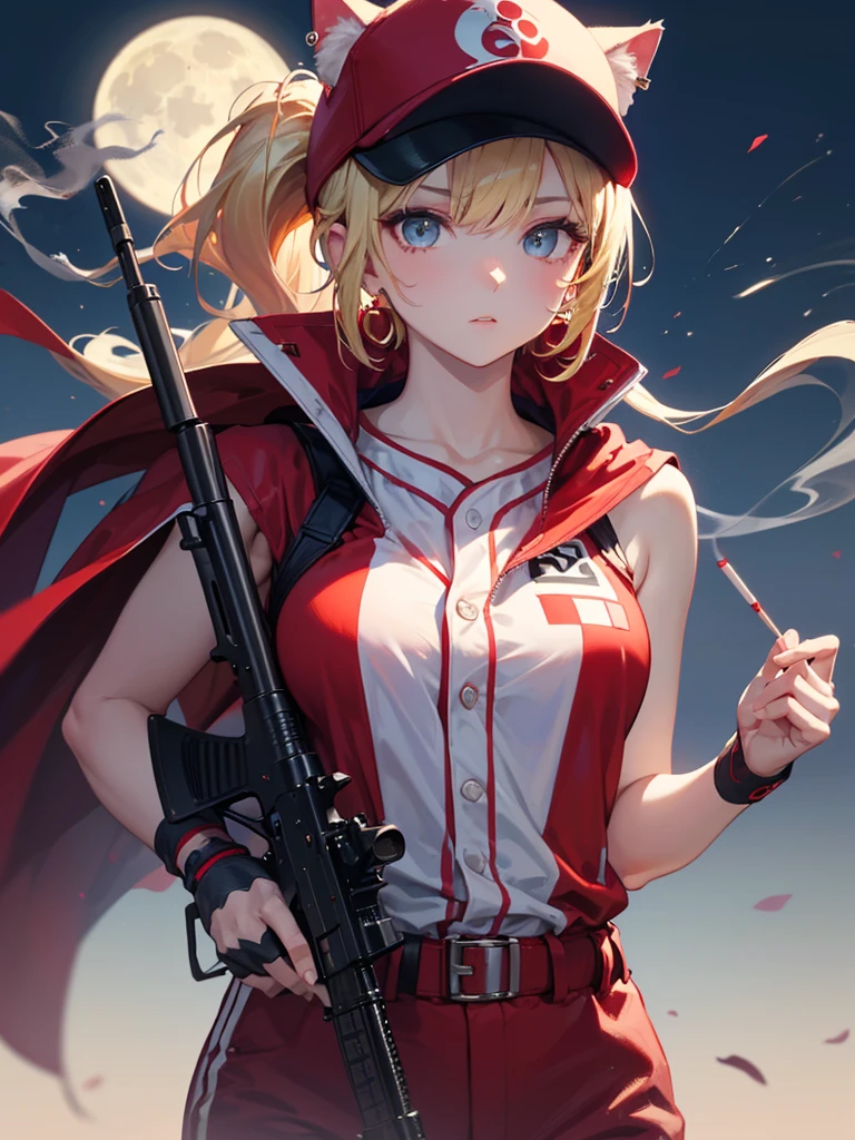 ((Kalaschnikow_Gewehr,Angriff_Gewehr ,Halten_gun))  (((Blondes Haar　kurzer Pferdeschwanz　Trage eine Kappe)))　((cyber punk　Ohrringe　Eine Zigarette alleine rauchen)),((leuchtender Mond　Leuchtender Hintergrund)) ,((Katzenohren)), ((ärmellos)),((Weinrote Baseballkappe)),((Trägt eine weinrote Baseballuniform))、((roter Umhang))、blassblaue Augen ,Oberkörper,(beste Qualität, 8k, Ölgemälde, Meisterstück:1.2), Super detailliert, (Realismus, Es&#39;s fotorealistisch:1.37), 