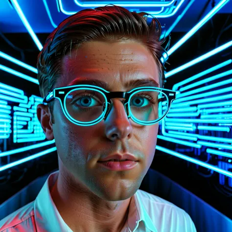 a AR glasses displaying bankruptcy options, futuristic financial planning, neon lights, 1 person, detailed face, blue eyes, shar...