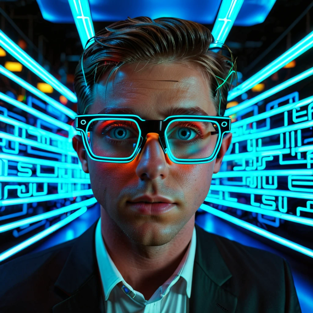 a AR glasses displaying bankruptcy options, futuristic financial planning, neon lights, 1 person, detailed face, blue eyes, sharp lighting, cinematic, photorealistic, 8k, detailed mechanical parts, complex circuits, glowing user interface, holographic projections, vibrant neon colors, dramatic shadows, moody atmosphere, industrial setting, metallic textures, minimalist design, xill，clean lines