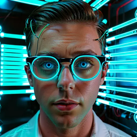 a AR glasses displaying bankruptcy options, futuristic financial planning, neon lights, 1 person, detailed face, blue eyes, shar...