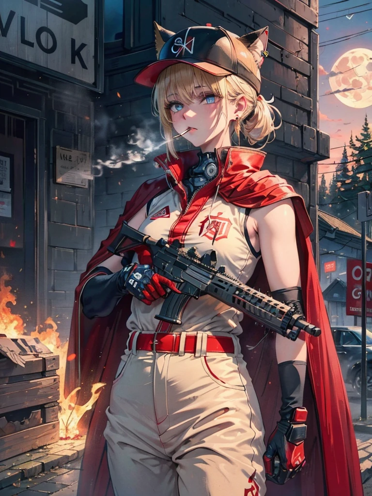 ((kalachnikov_fusil,agression_fusil ,holding_pistolet))  (((cheveux blond　queue de cheval courte　Portez une casquette)))　((cyberpunk　des boucles d&#39;oreilles　Fumer une cigarette en solo)),((Lune brillante　fond brillant)) ,((oreilles de chat)), ((Sans manches)),((Casquette de baseball rouge vin)),((Porter un uniforme de baseball rouge vin))、((Cape rouge))、yeux bleu pâle ,Haut du corps,(Meilleure qualité, 8k, peinture à l&#39;huile, Chef-d&#39;œuvre:1.2), Super détaillé, (le réalisme, Il&#39;c&#39;est photoréaliste:1.37), 