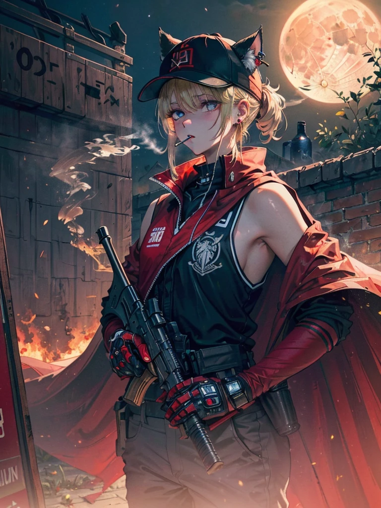 ((kalashnikov_rifle,assault_rifle ,holding_gun))  (((Blonde hair　short ponytail　Wear a cap)))　((cyber punk　Earrings　Smoke a cigarette  solo)),((Shining Moon　Shining Background)) ,((Cat ears)), ((Sleeveless)),((Wine Red Baseball Cap)),((Wearing a wine red baseball uniform))、((Red Cape))、Pale blue eyes ,upper body,(Best Quality, 8k, Oil painting, Mastepiece:1.2), Super detailed, (Realism, It&#39;s photorealistic:1.37), 